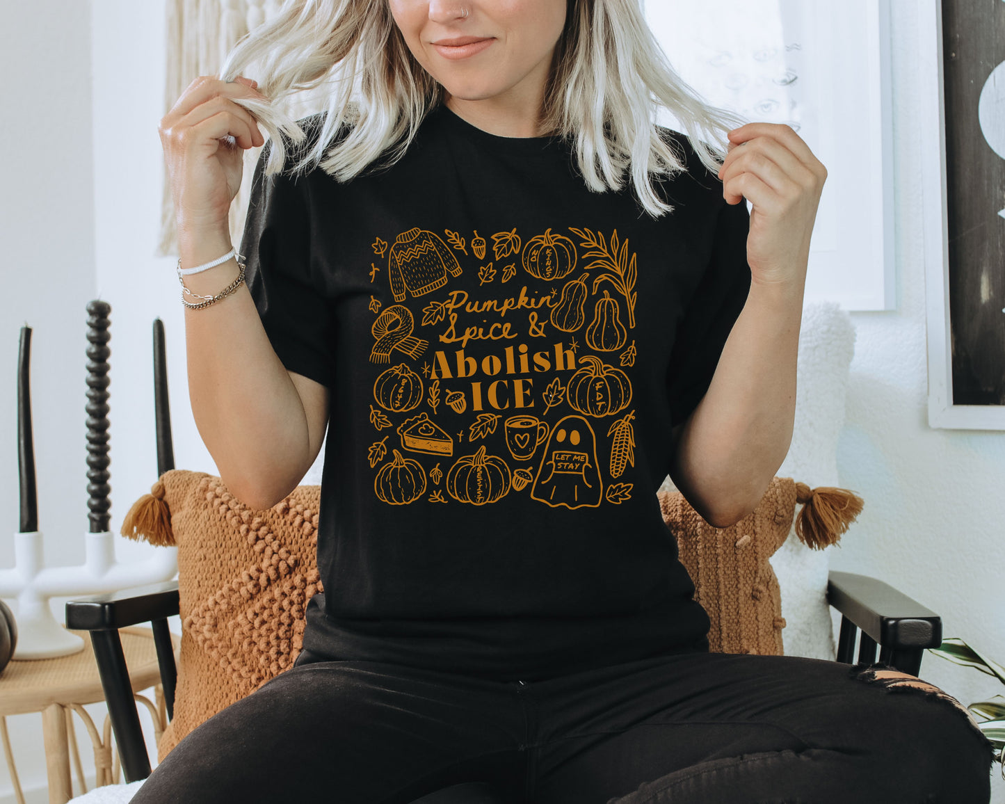 Pumpkin Spice & Abolish Ice Fall Themed Doodles Tee Shirt