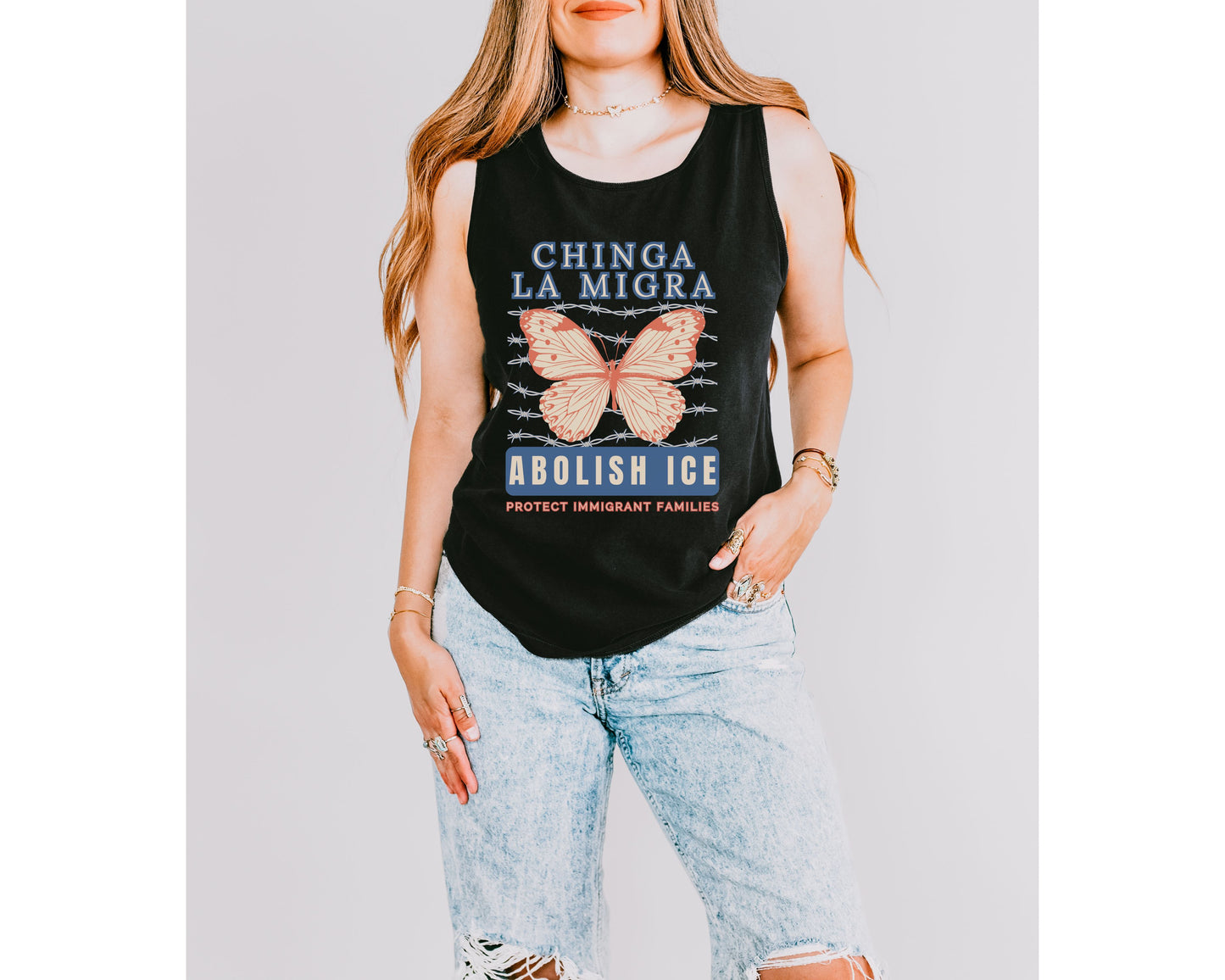 Chinga La Migra Abolish Ice Butterfly Comfort Colors Tank Top