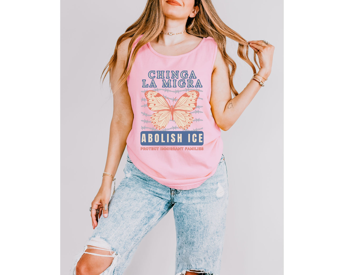 Chinga La Migra Abolish Ice Butterfly Comfort Colors Tank Top