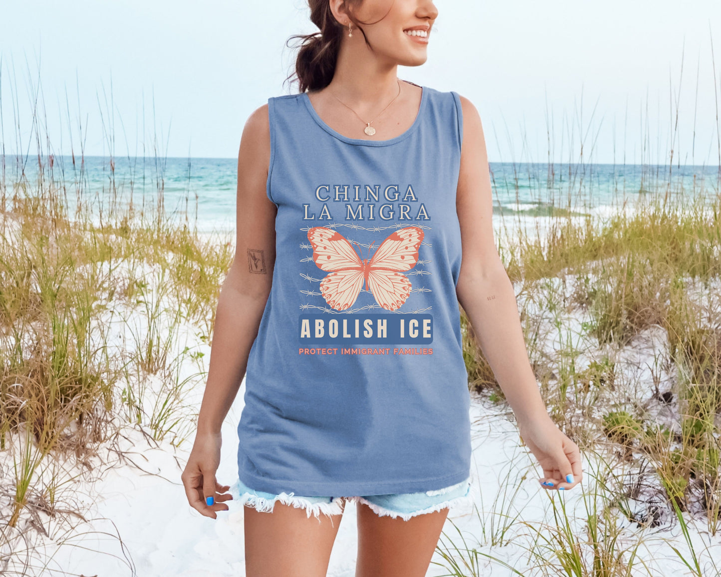Chinga La Migra Abolish Ice Butterfly Comfort Colors Tank Top