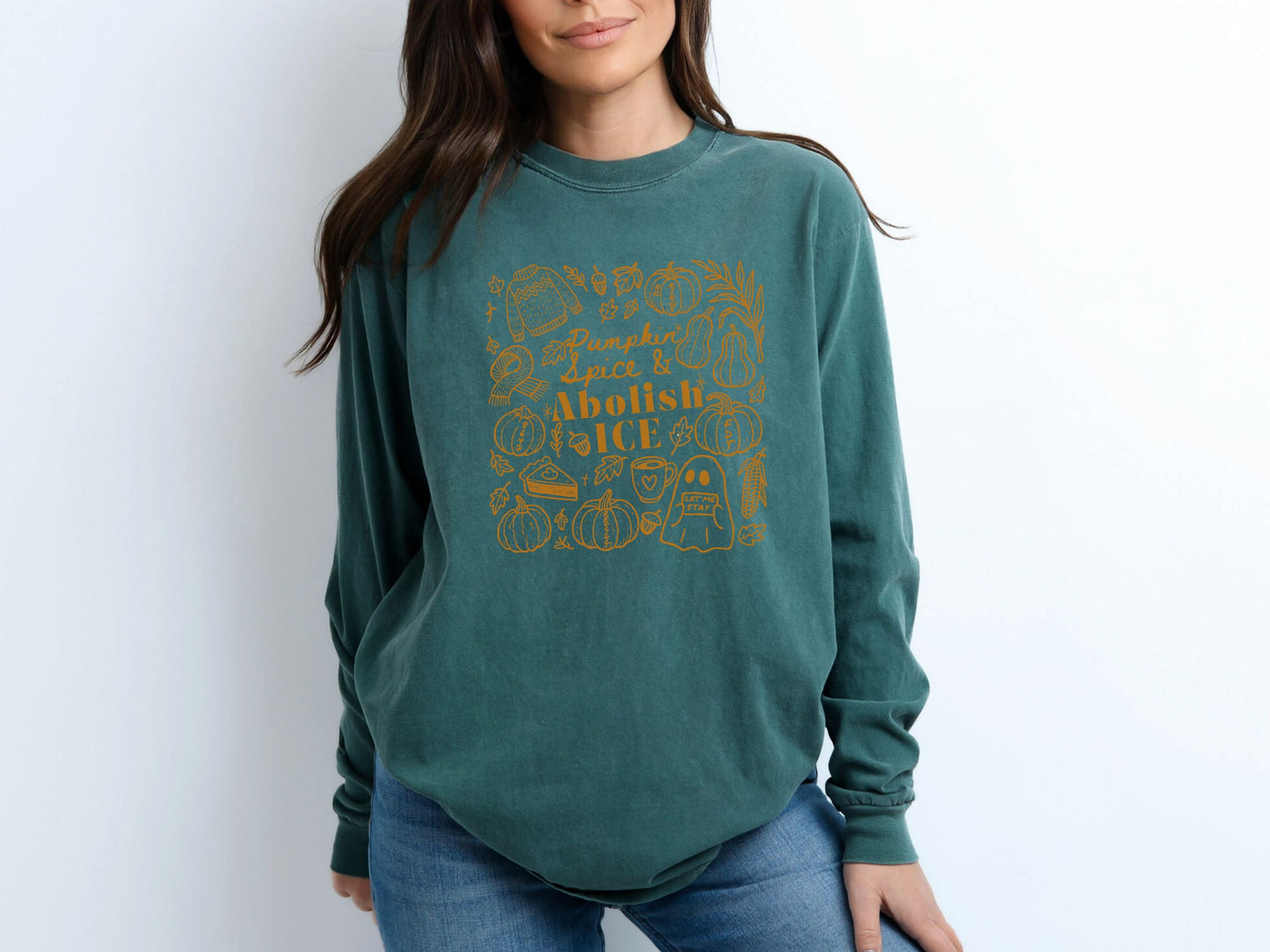 Abolish Ice Fall Doodles Anti Trump Long Sleeved Comfort Colors Tee Shirt