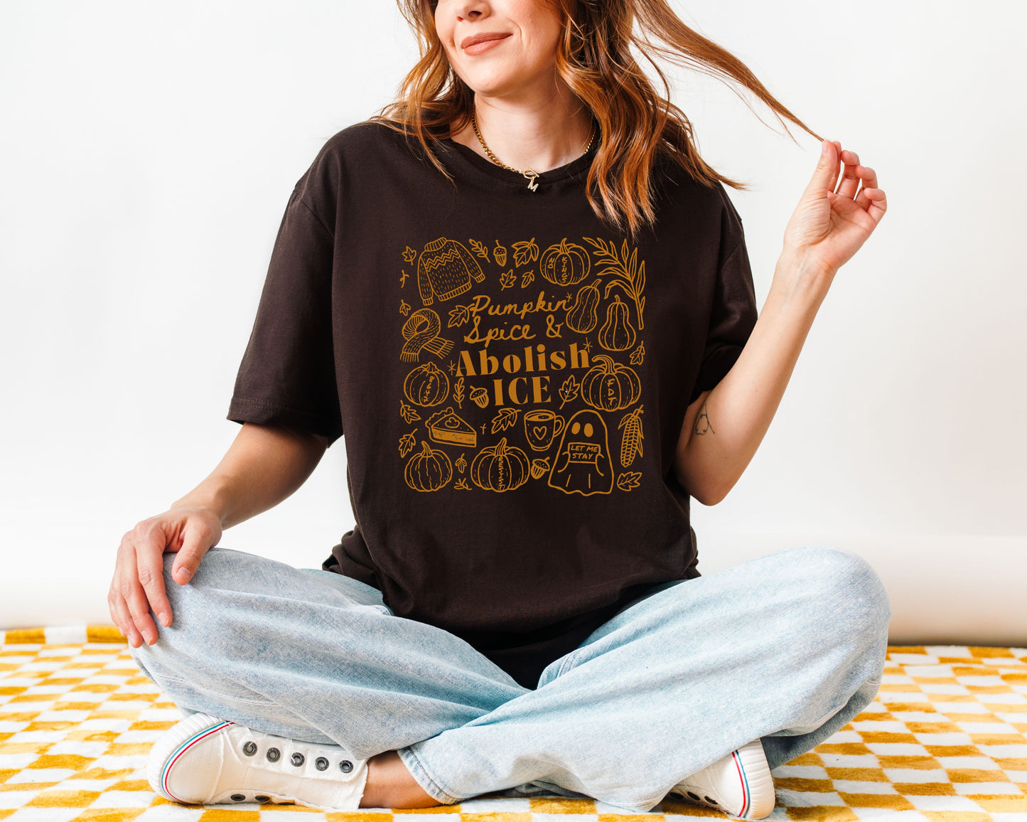 Pumpkin Spice & Abolish Ice Fall Themed Doodles Tee Shirt