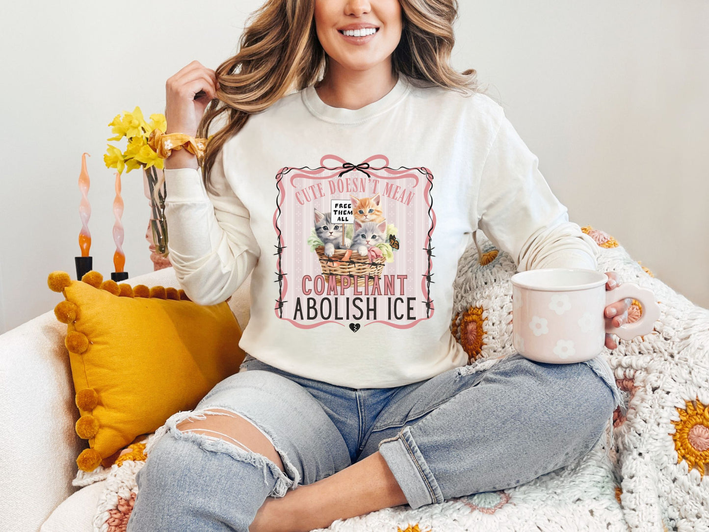 Abolish Ice Kitten Long Sleeved Comfort Colors Tee Shirt