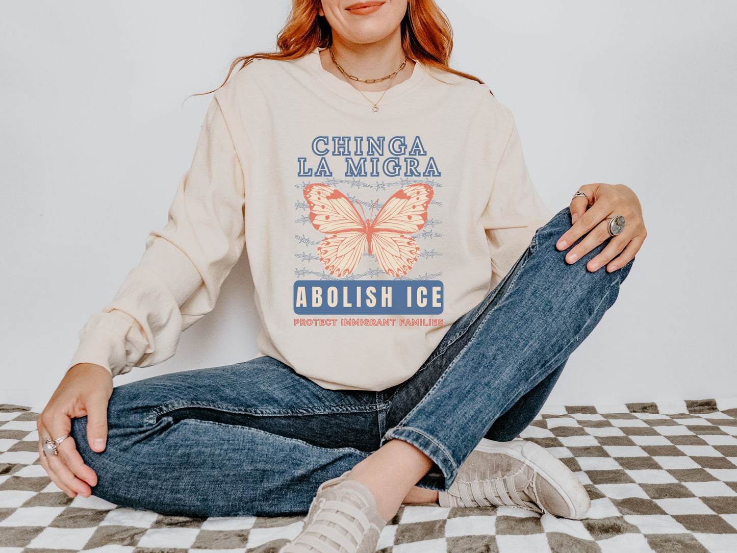 Chinga La Migra Abolish Ice Monarch Butterfly Long Sleeved Comfort Colors Tee Shirt