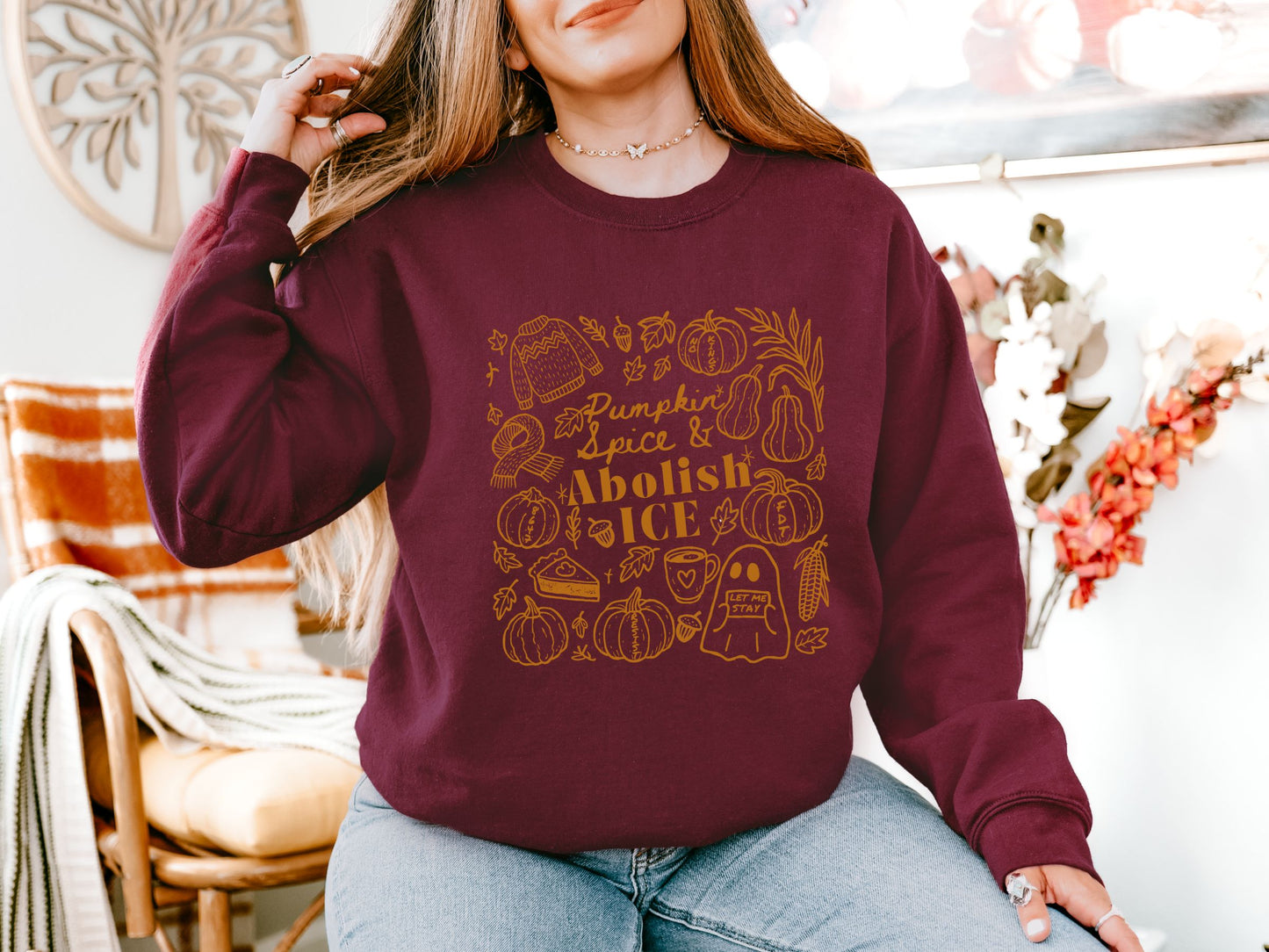 Abolish Ice Anti Trump Fall Doodles Crewneck Sweatshirt