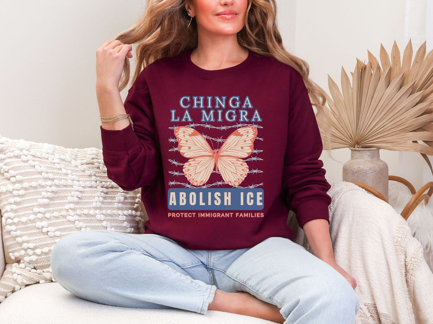 Chinga La Migra Abolish Ice Monarch Butterfly Crewneck Sweatshirt