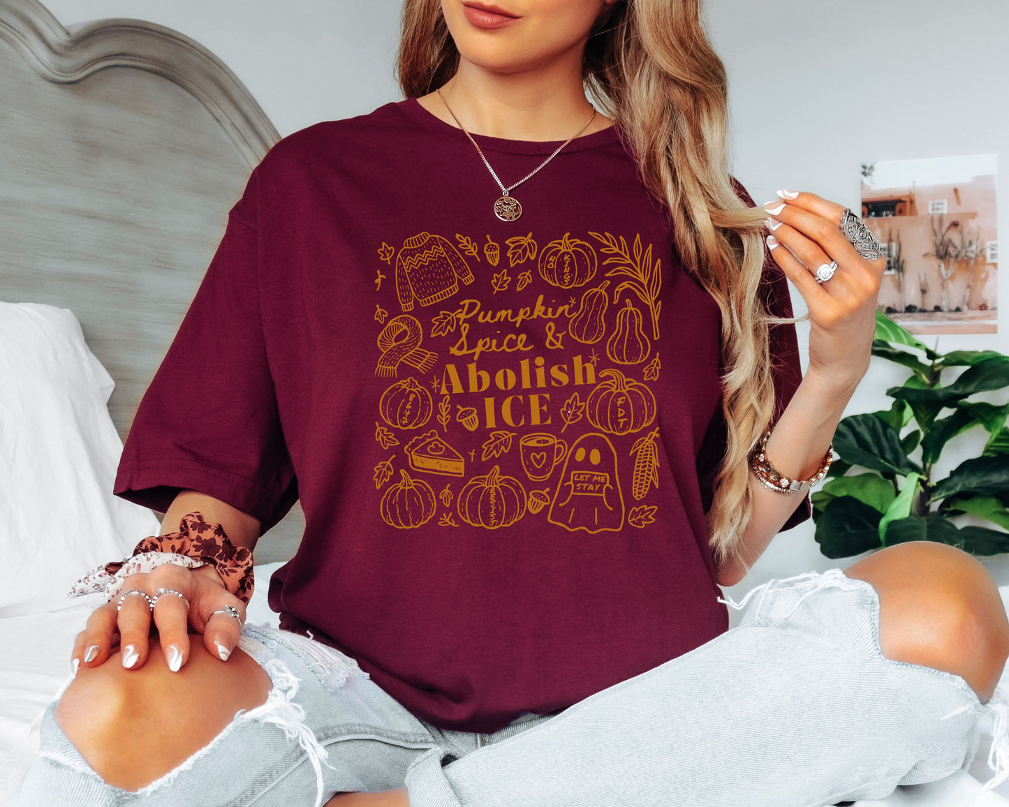 Pumpkin Spice & Abolish Ice Fall Themed Doodles Tee Shirt