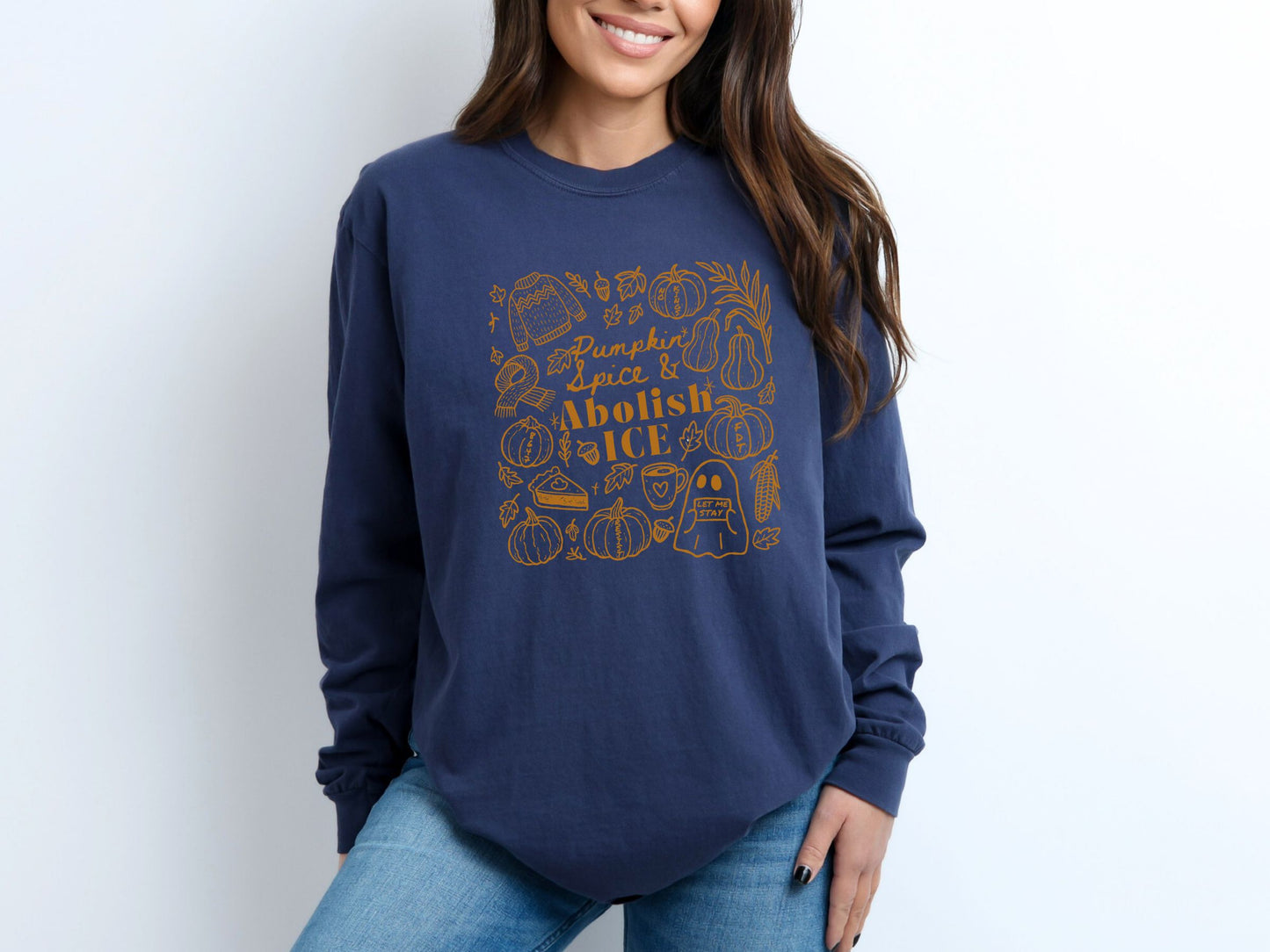 Abolish Ice Fall Doodles Anti Trump Long Sleeved Comfort Colors Tee Shirt