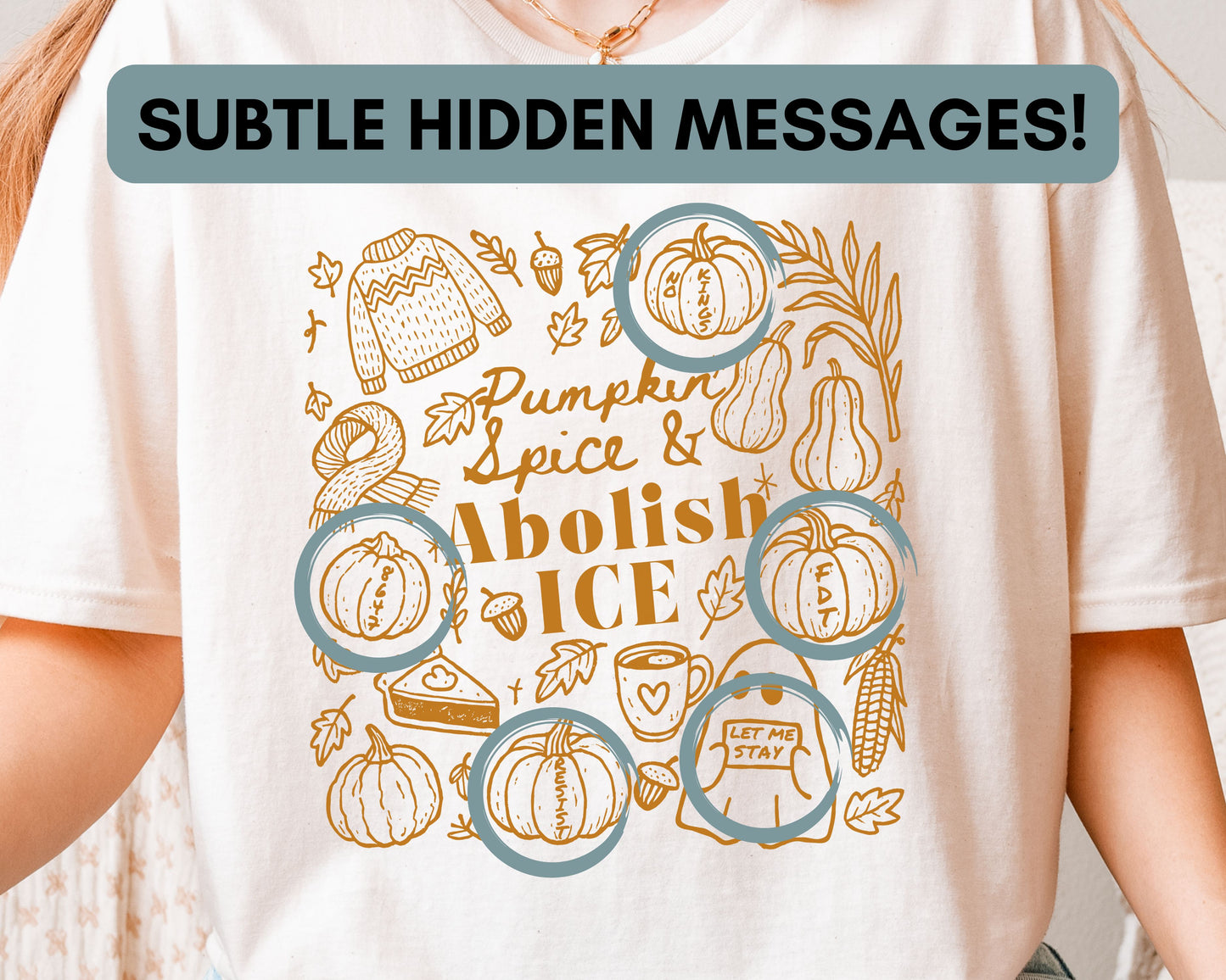Pumpkin Spice & Abolish Ice Fall Themed Doodles Tee Shirt