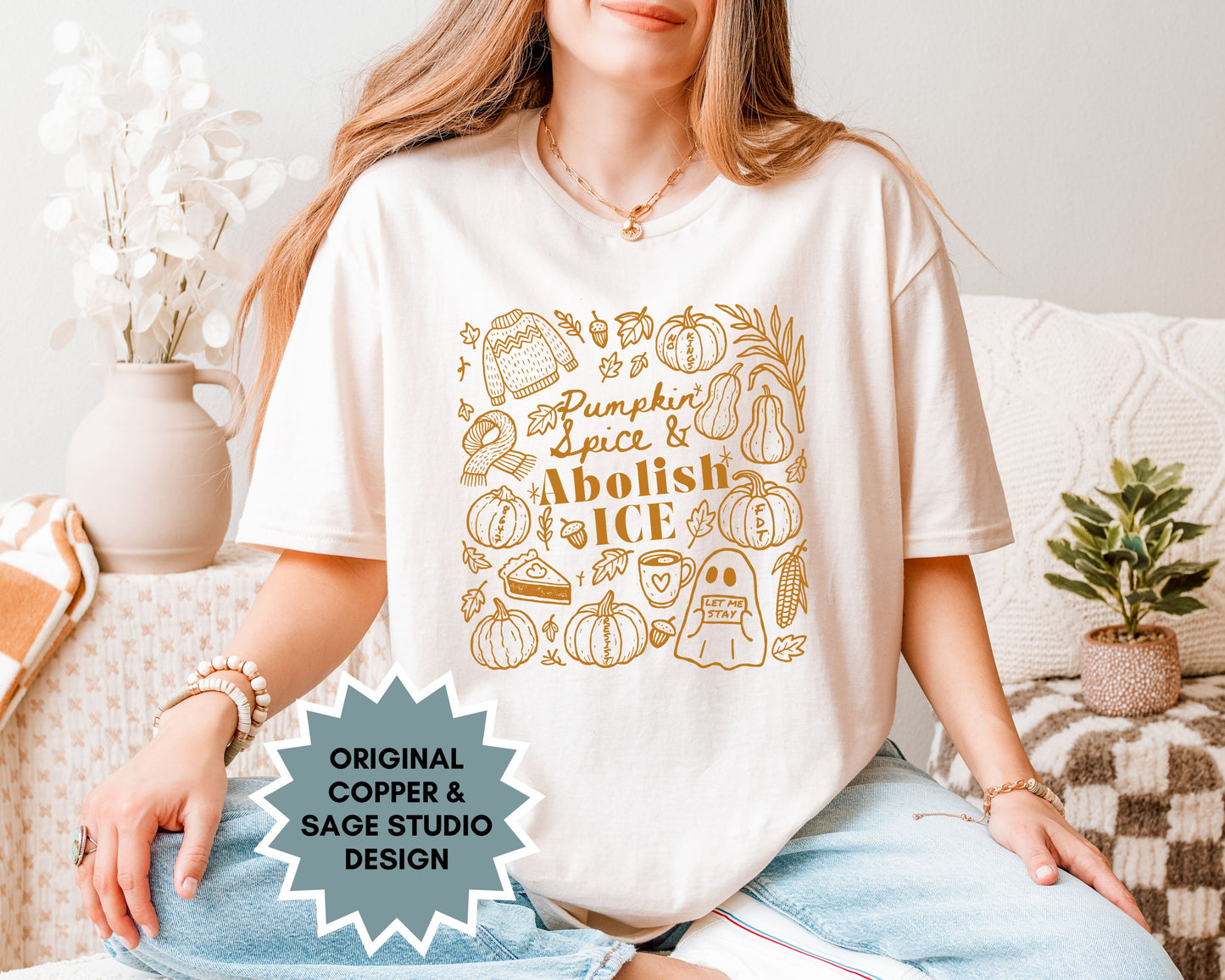 Pumpkin Spice & Abolish Ice Fall Themed Doodles Tee Shirt