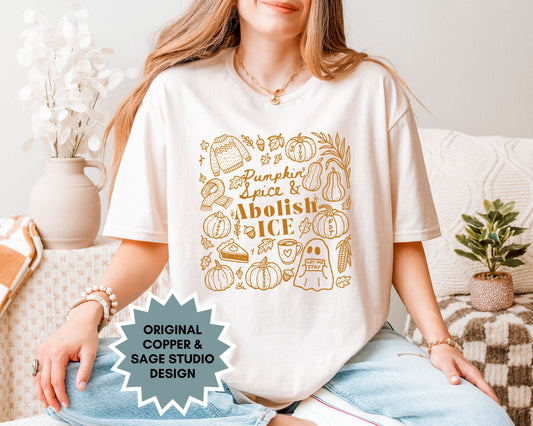 Pumpkin Spice & Abolish Ice Fall Themed Doodles Tee Shirt