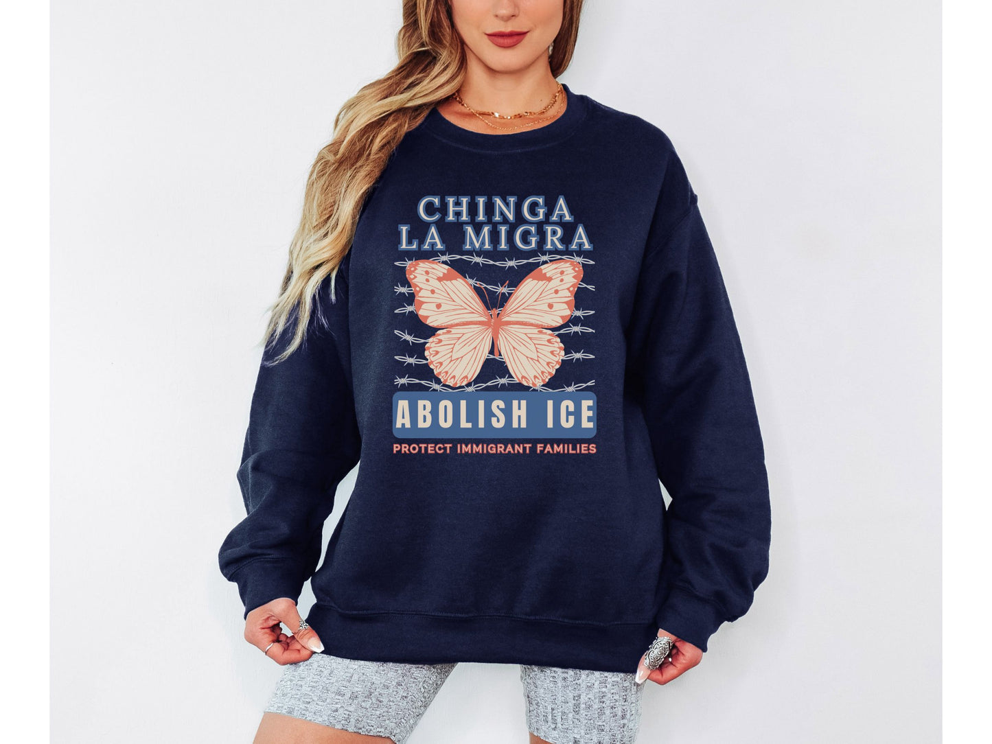 Chinga La Migra Abolish Ice Monarch Butterfly Crewneck Sweatshirt
