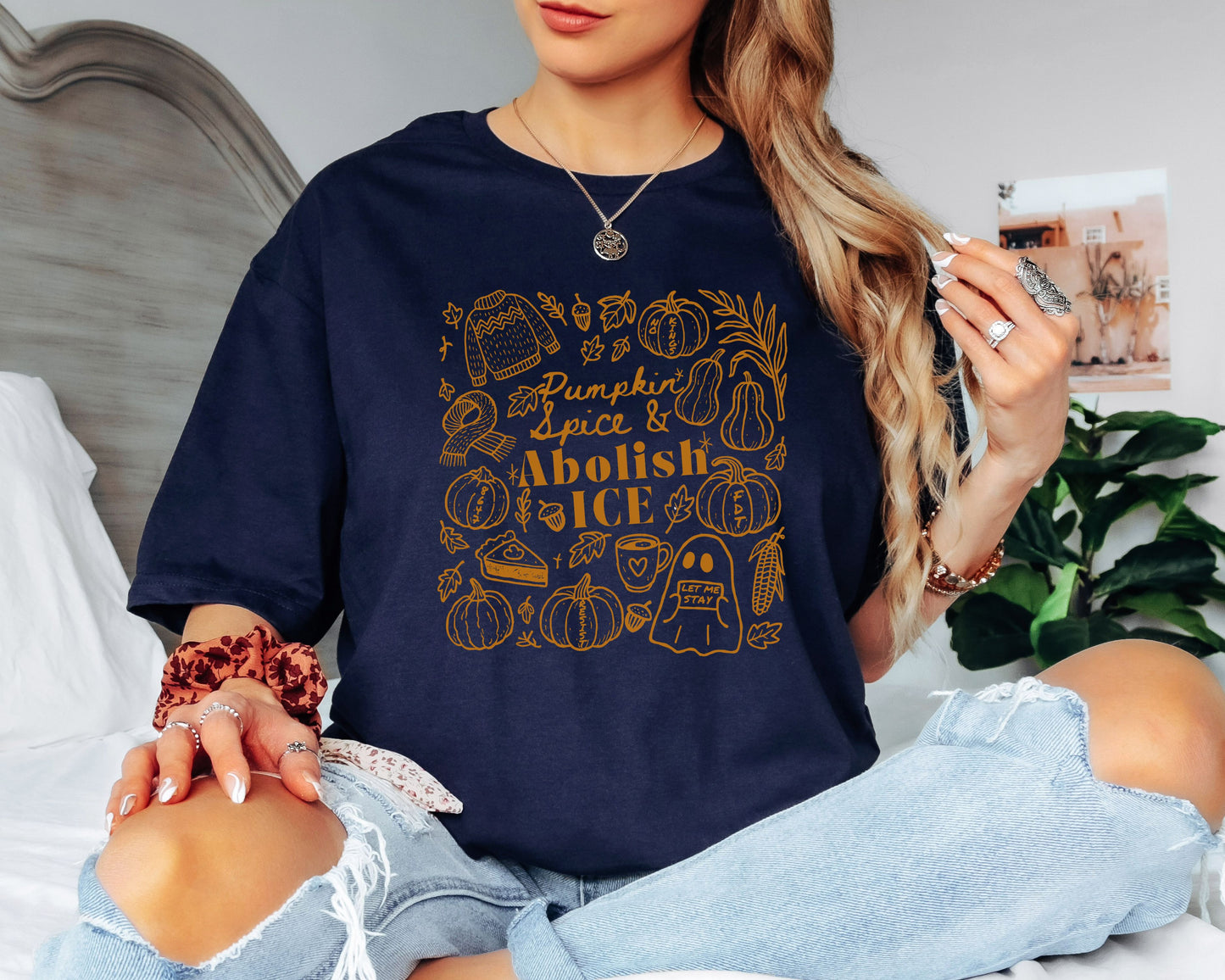 Pumpkin Spice & Abolish Ice Fall Themed Doodles Tee Shirt