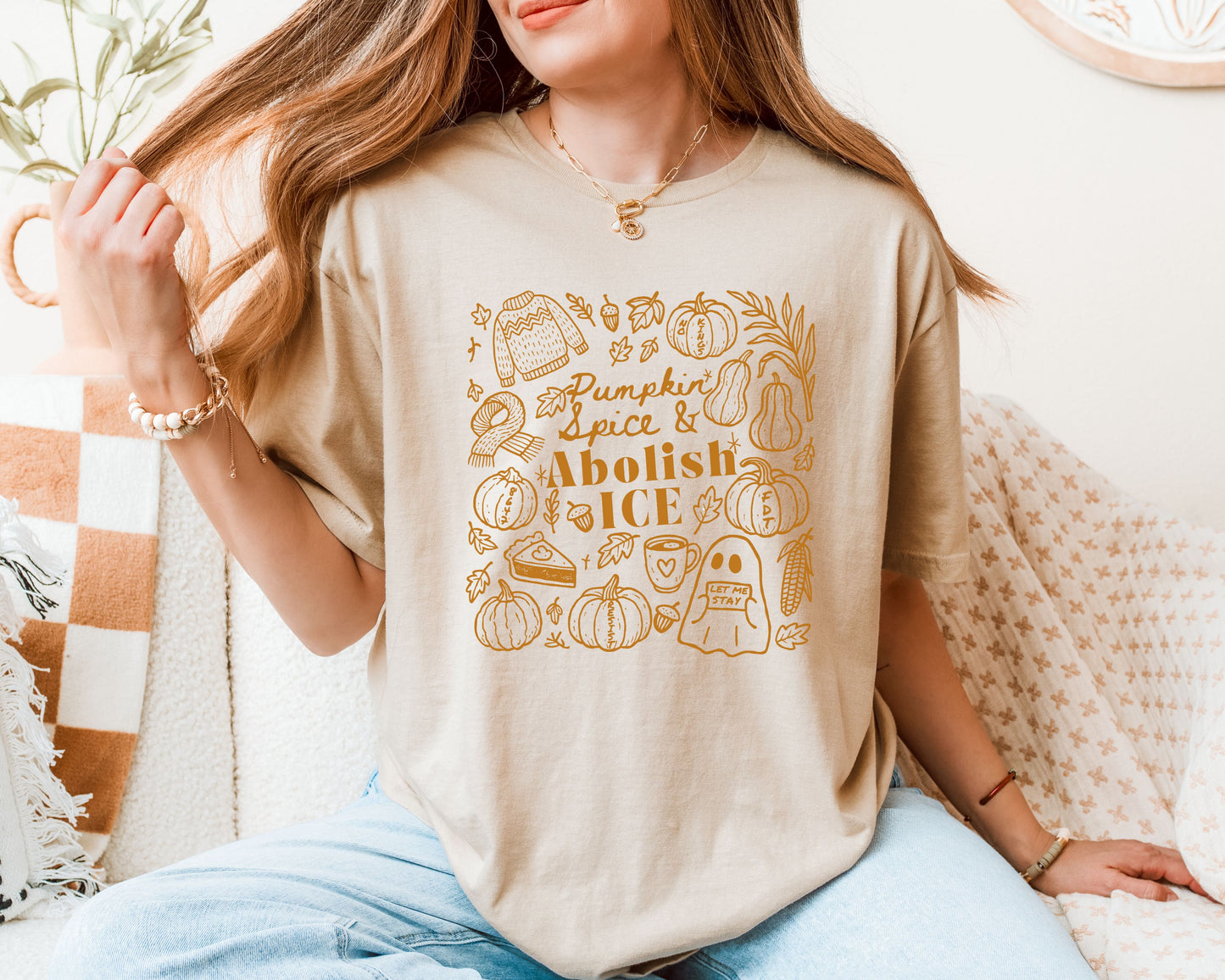 Pumpkin Spice & Abolish Ice Fall Themed Doodles Tee Shirt