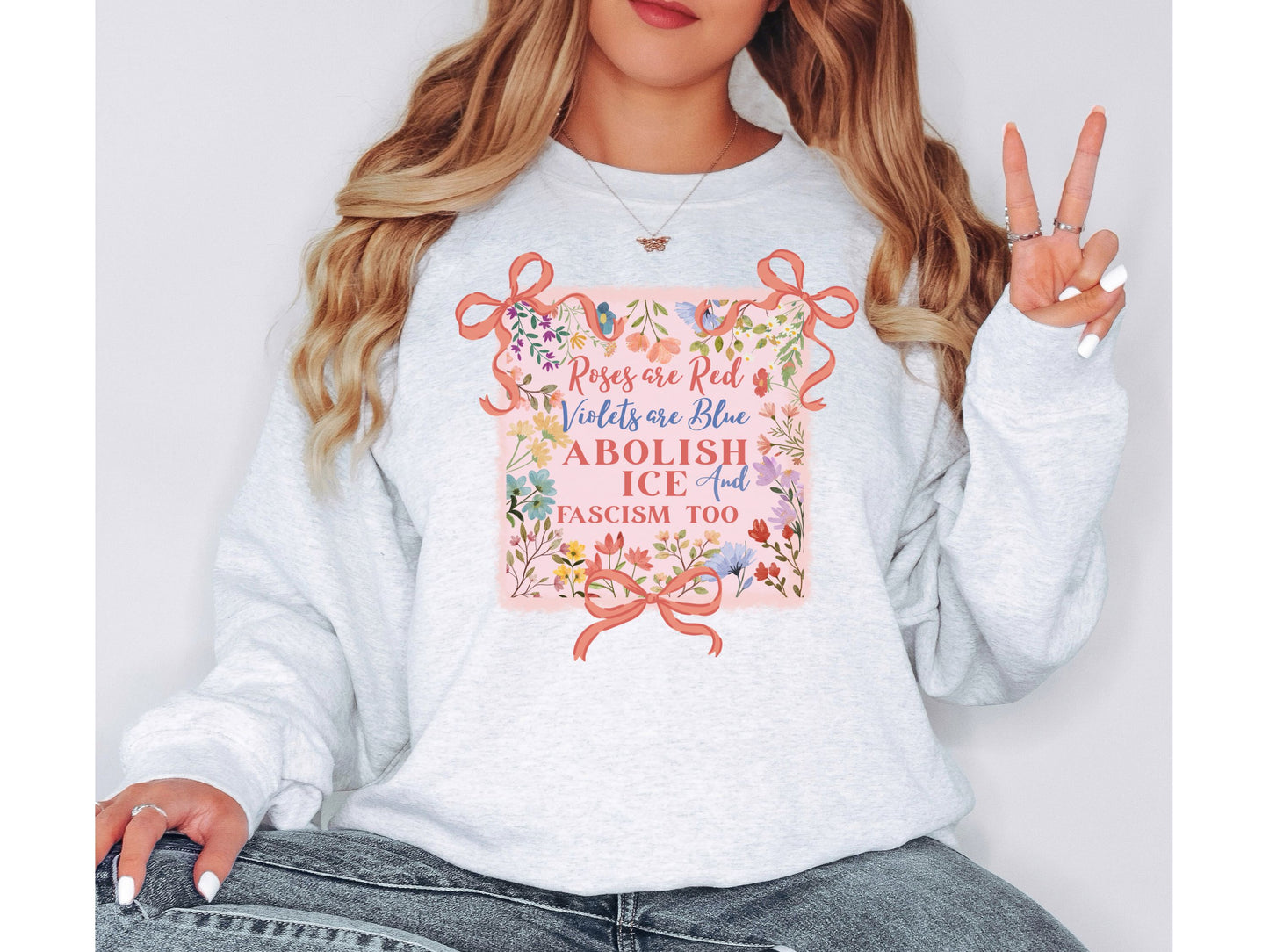 Abolish Ice Fight Fascism Coquette Bow Crewneck Sweatshirt