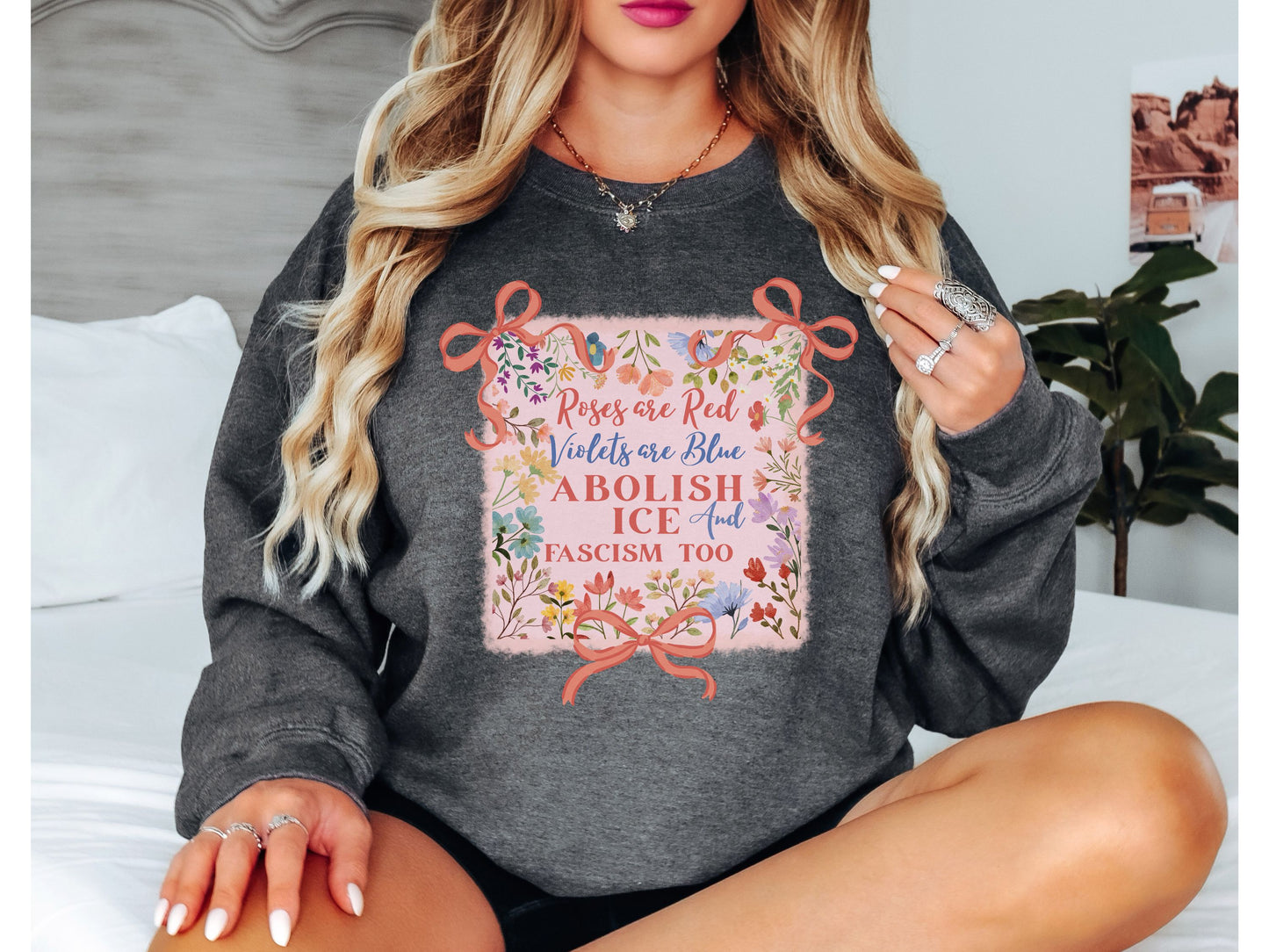 Abolish Ice Fight Fascism Coquette Bow Crewneck Sweatshirt