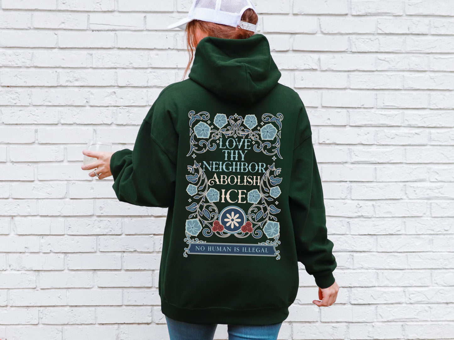 Love Thy Neighbor Abolish Ice Floral Hooded Sweatshirt