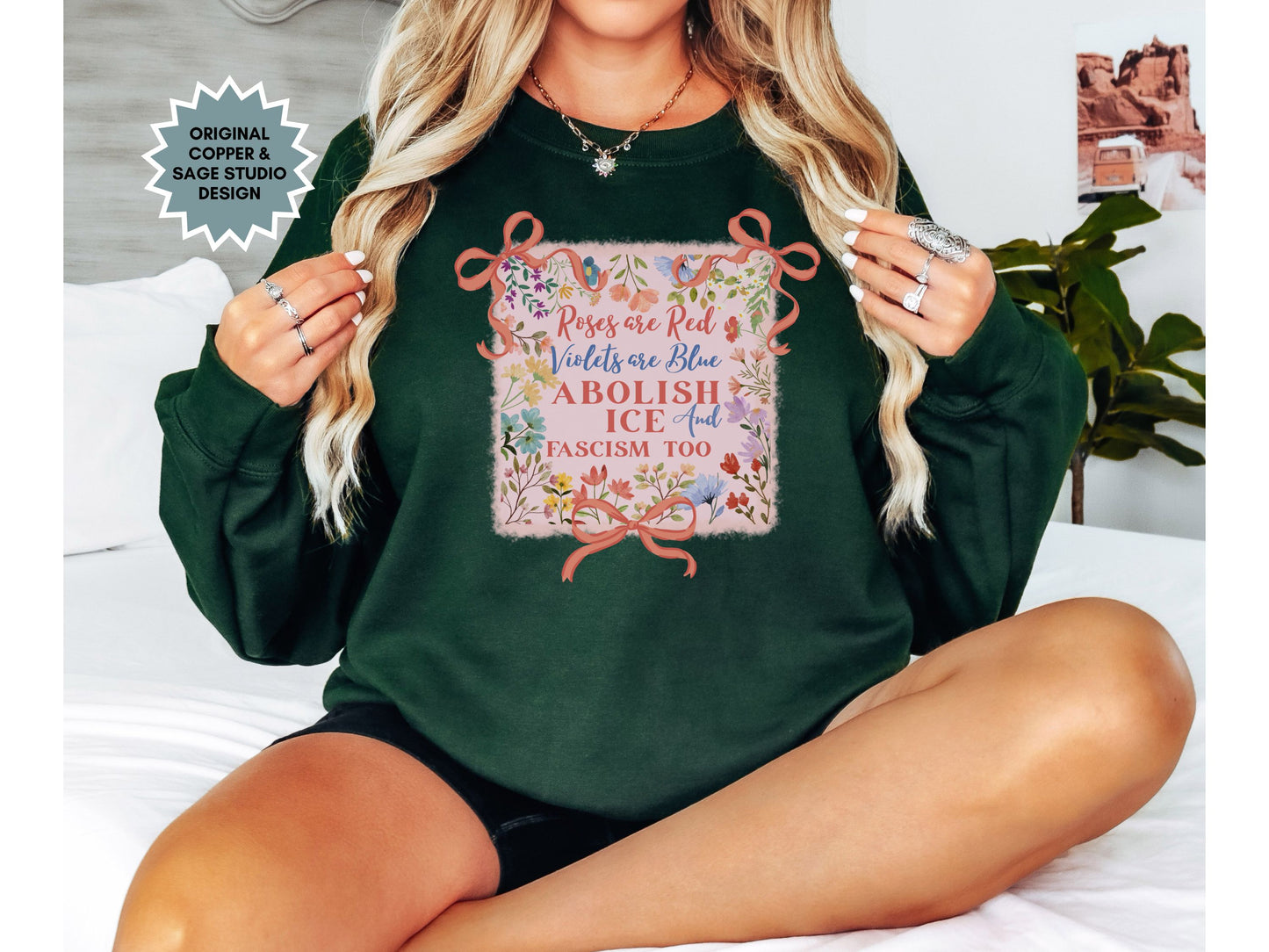 Abolish Ice Fight Fascism Coquette Bow Crewneck Sweatshirt