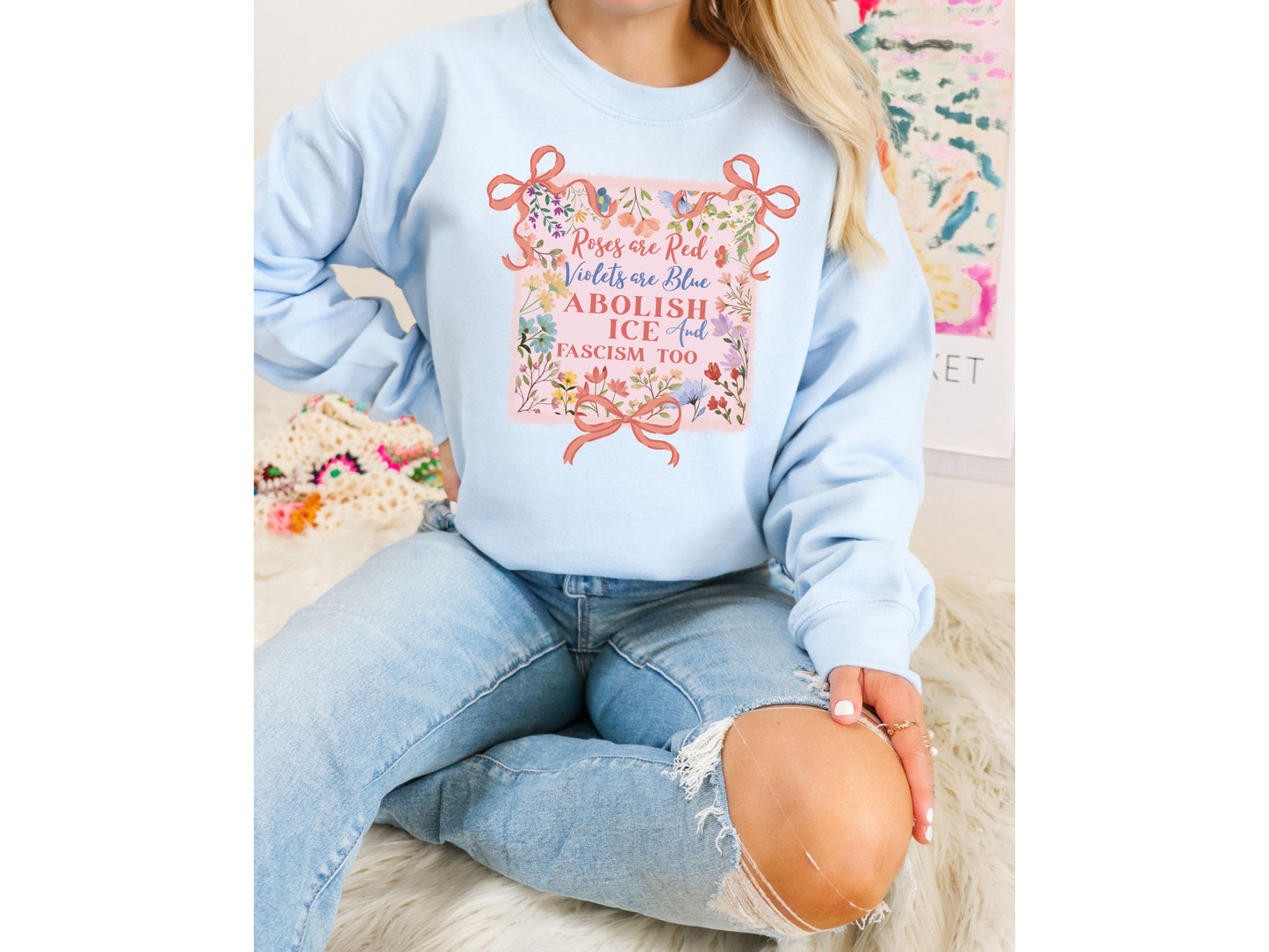 Abolish Ice Fight Fascism Coquette Bow Crewneck Sweatshirt