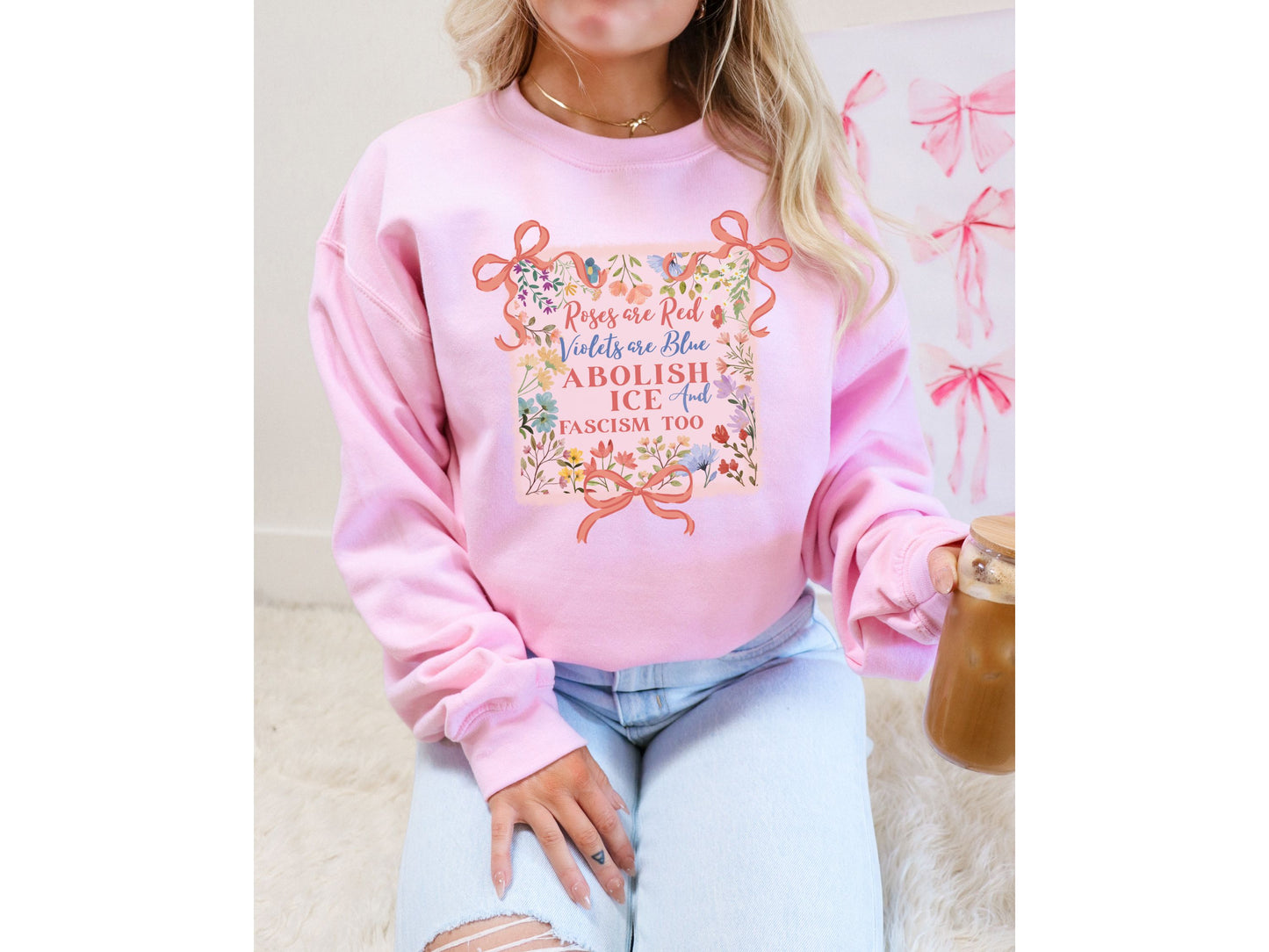 Abolish Ice Fight Fascism Coquette Bow Crewneck Sweatshirt