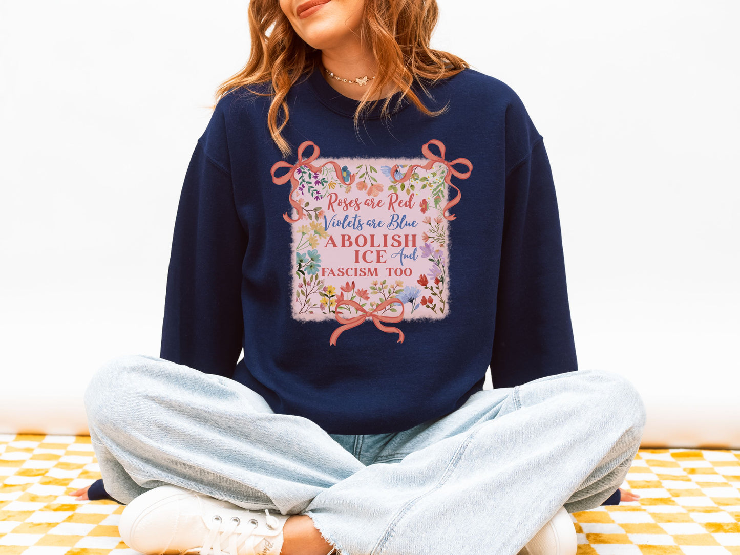 Abolish Ice Fight Fascism Coquette Bow Crewneck Sweatshirt